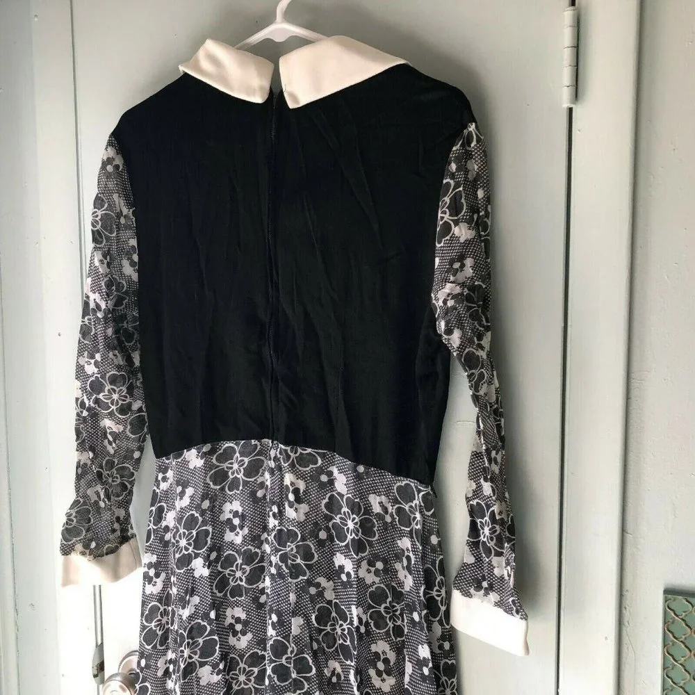 vintage maxi dress Black Floral White collar Mod sheer skirt romantic modest